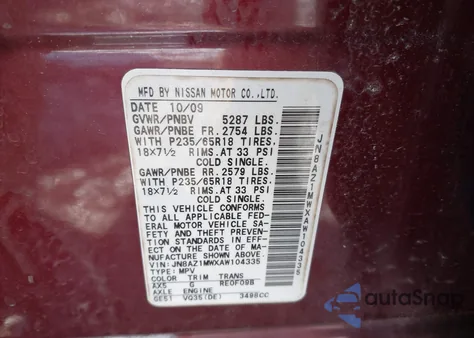 2010 Nissan Murano Sl z USA, uszkodzony, nr VIN JN8AZ1MWXAW104335